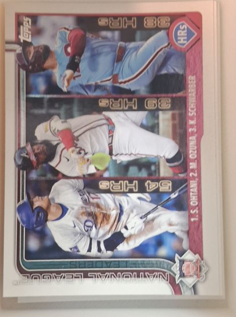 2025 Topps #144 National League Leaders HR (Shohei Ohtani / Marcell Ozuna / Kyle Schwarber) — front
