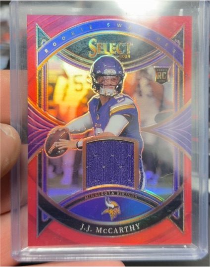 2024 Panini Select #RS-JMY J.J. McCarthy Rookie Swatches Red Prizm — front