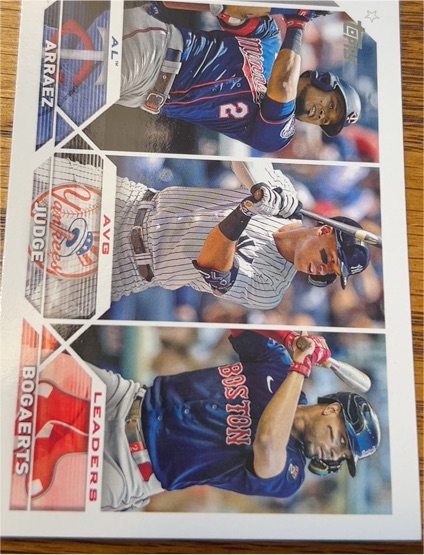 2023 Topps #289 Luis Arraez Aaron Judge Xander Bogaerts AL Batting Average Leaders — front