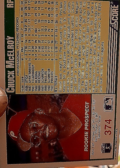 1991 Score #374 Chuck McElroy — back
