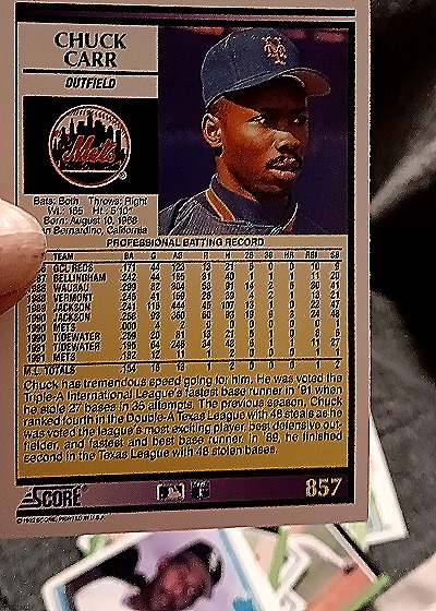 1992 Score #857 Chuck Carr — back