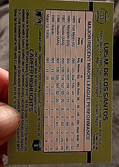 1989 Donruss The Rookies #33 Luis De Los Santos — back