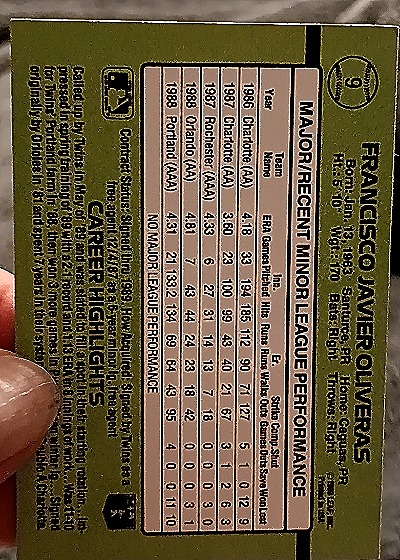 1989 Donruss The Rookies #9 Francisco Oliveras — back