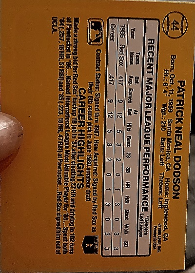 1987 Donruss #44 Pat Dodson — back