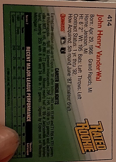 1992 Donruss #414 John Vander Wal — back