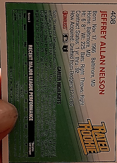 1992 Donruss #408 Jeff Nelson — back