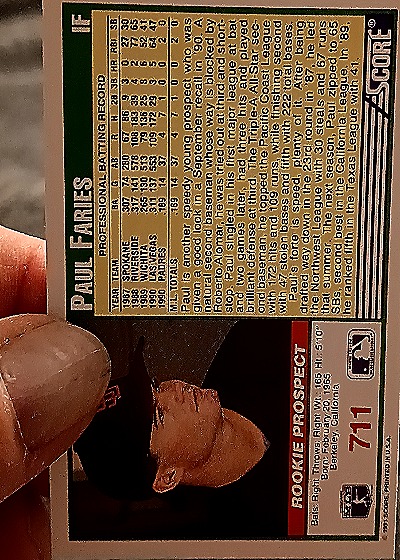 1991 Score #711 Paul Faries Rookie Prospect — back