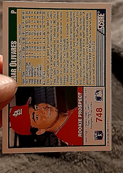 1991 Score #748 Omar Olivares — back