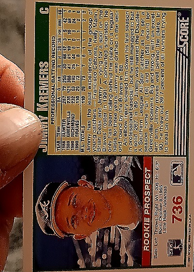 1991 Score #736 Jimmy Kremers Rookie Prospect — back