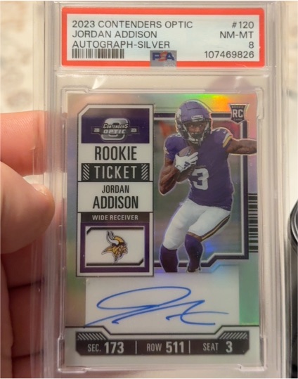 2023 Panini Contenders Optic #120 Jordan Addison Rookie Ticket Autograph Silver — front