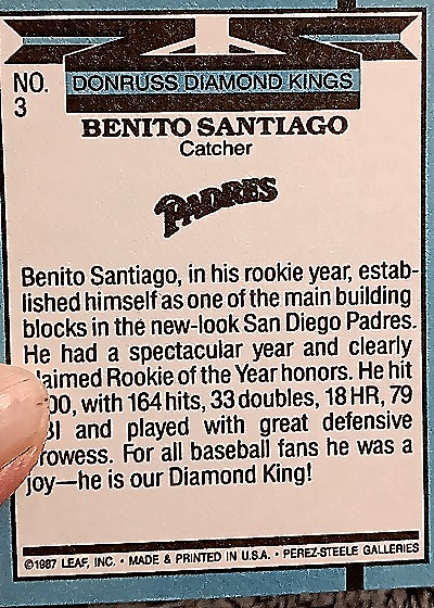 1987 Donruss Diamond Kings #3 Benito Santiago — back