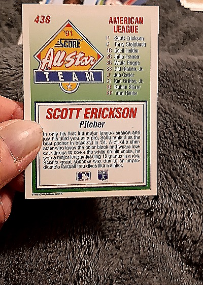 1992 Score All-Star #438 Scott Erickson — back