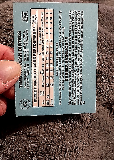 1986 Donruss #462 Tim Birtsas — back