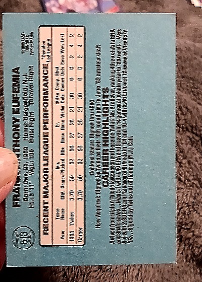 1986 Donruss #513 Frank Eufemia — back