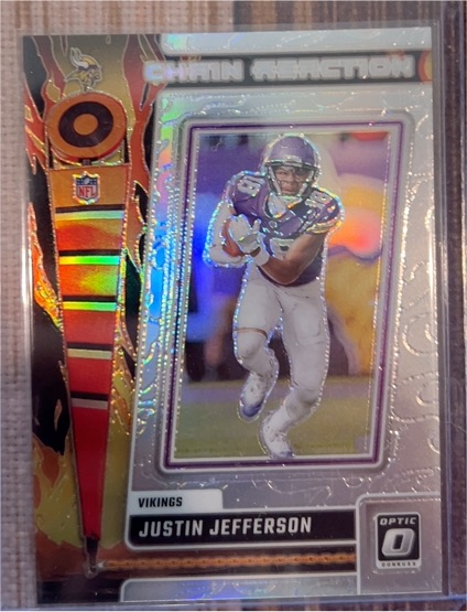2023 Donruss Optic #CR-JJ Justin Jefferson Chain Reaction Silver Holo Prizm — front