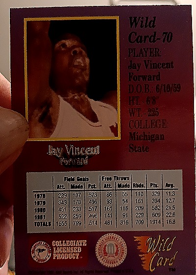 1992 Wild Card Collegiate #70 Jay Vincent — back