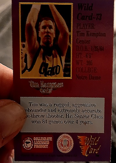 1993 Wild Card #73 Tim Kempton — back