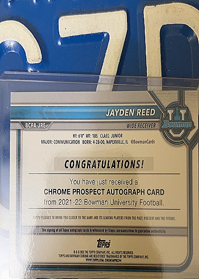 2021 Bowman University Chrome Prospect Autographs #BCPA-JRE Jayden Reed — back