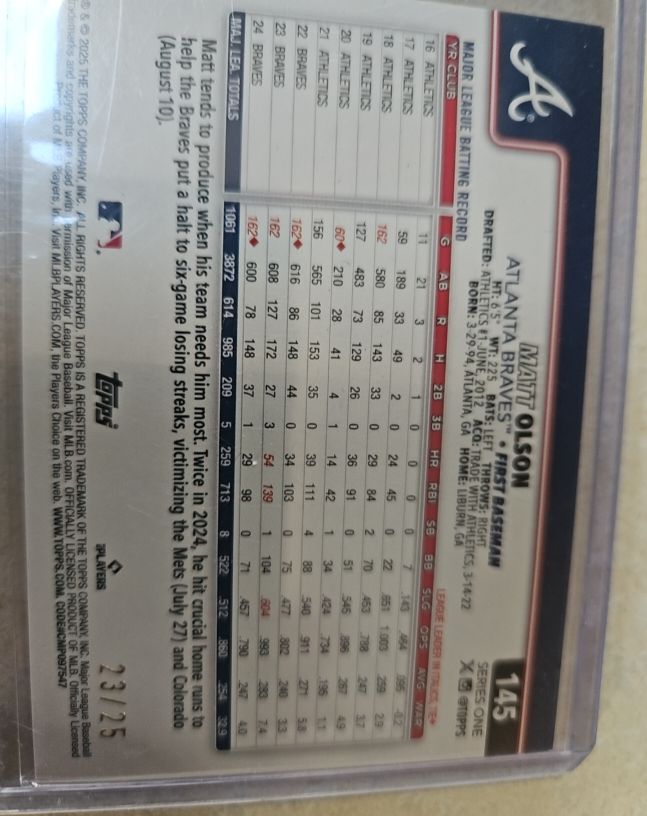 2025 Topps Series 1 #145 Matt Olson — front