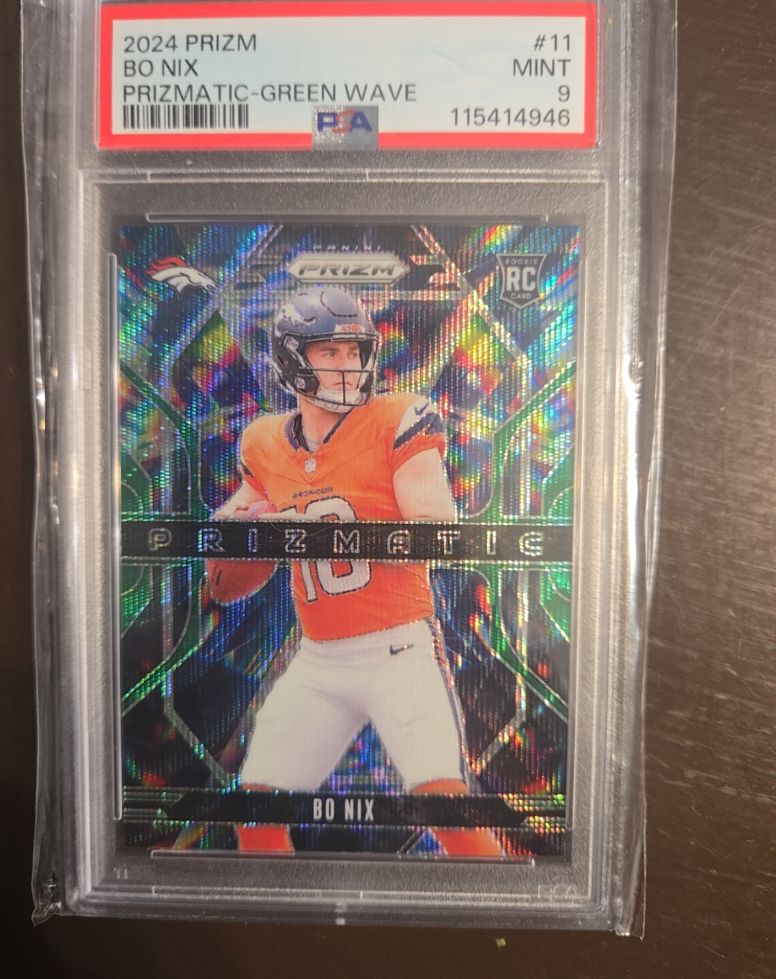 2024 Panini Prizm #11 Bo Nix Prizmatic Green Wave Prizm Rookie Card — front