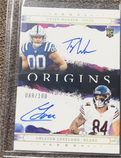 2025 Panini Origins #DA-4 Tyler Warren / Colston Loveland Dual Autograph RC #088/100 — front