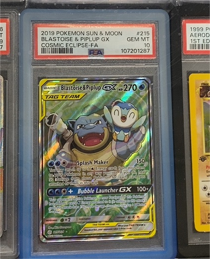2019 Pokemon Sun & Moon #215 Blastoise & Piplup GX Cosmic Eclipse — front