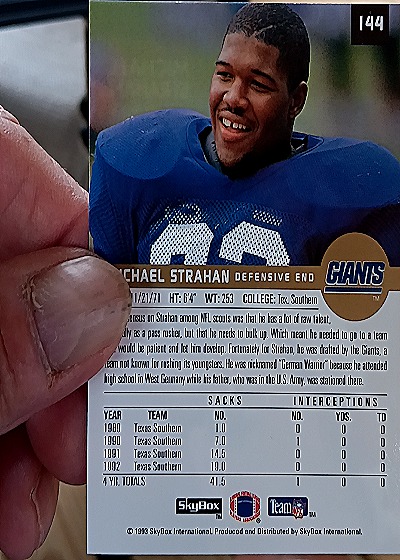 1993 SkyBox Premium #144 Michael Strahan Rookie Card — back
