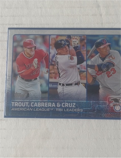 2015 Topps #98 Mike Trout / Miguel Cabrera / Nelson Cruz RBI Leaders — front