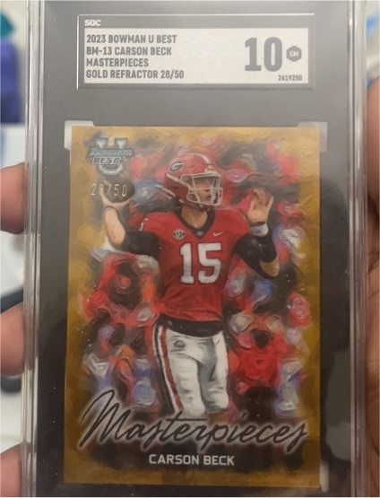 2023 Bowman University Best #BM-13 Carson Beck Masterpieces Gold Refractor — front