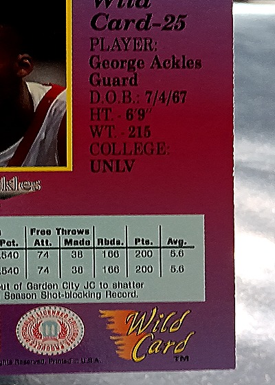 1992 Wild Card Collegiate #25 George Ackles — back