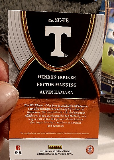 2023 Panini Select #SC-TE Hendon Hooker Peyton Manning Alvin Kamara — back