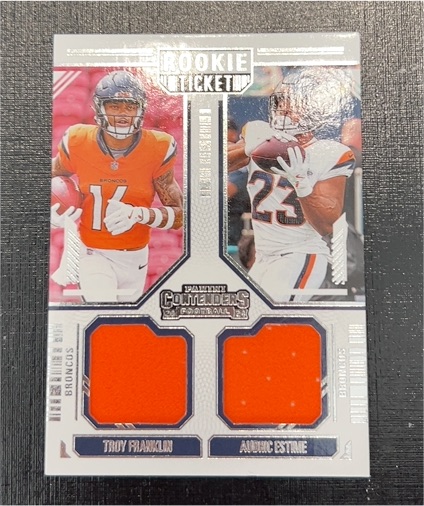 2024 Panini Contenders #DS-9 Troy Franklin - Audric Estime Rookie Ticket Dual Patch RC — front