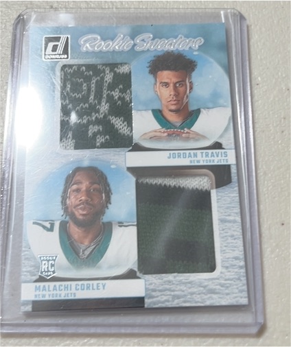 2024 Panini Donruss Rookie Sweaters #RHD-NYJ Jordan Travis / Malachi Corley — front
