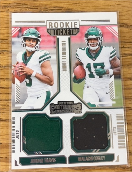 2024 Panini Contenders #DS-1 Jordan Travis / Malachi Corley Rookie Ticket Dual Patch — front