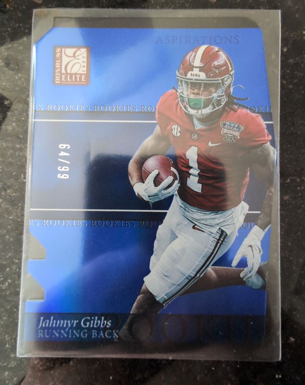 2023 Donruss Elite Aspirations Blue #64/99 Jahmyr Gibbs Rookie — front