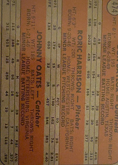1972 Topps #474 Don Baylor/Roric Harrison/Johnny Oates — back