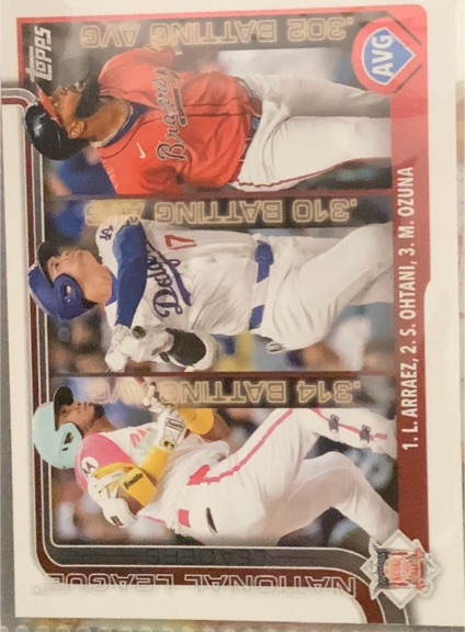 2025 Topps #347 National League Leaders AVG Luis Arraez / Shohei Ohtani / Marcell Ozuna — front