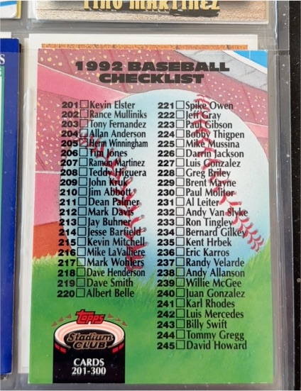 1992 Topps Stadium Club #300 Checklist: 201-300 — front