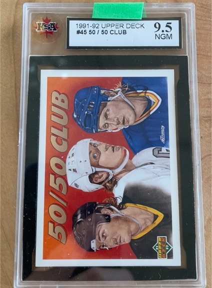 1991-92 Upper Deck #45 50/50 Club Mario Lemieux Wayne Gretzky Brett Hull — front