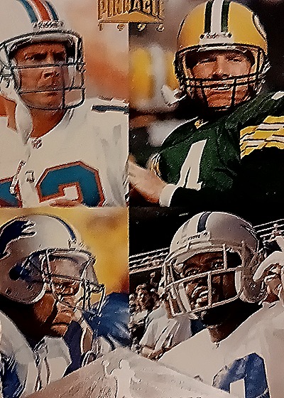 1996 Pinnacle #199 Dan Marino / Brett Favre / Barry Sanders / Emmitt Smith — front