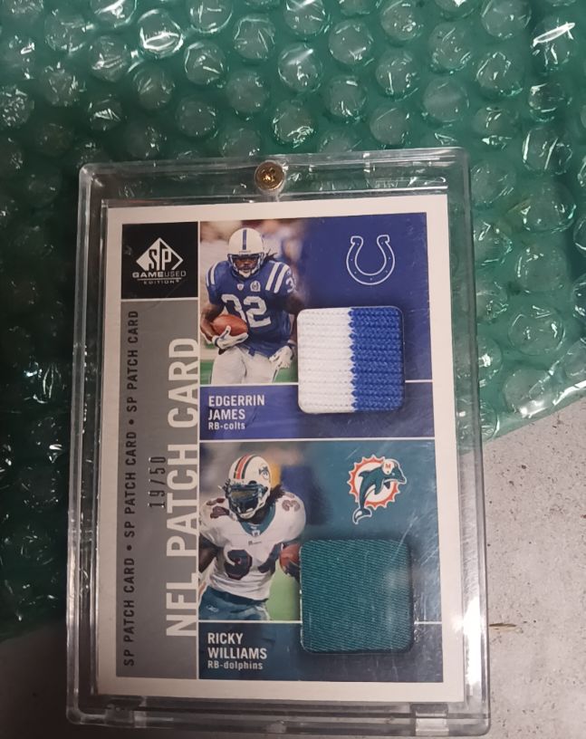 2005 SP Game Used NFL Patch Card #19/50 Edgerrin James & Ricky Williams — front
