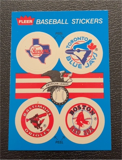 1989 Fleer #42 Texas Rangers, Toronto Blue Jays, Baltimore Orioles, Boston Red Sox Team Stickers — front