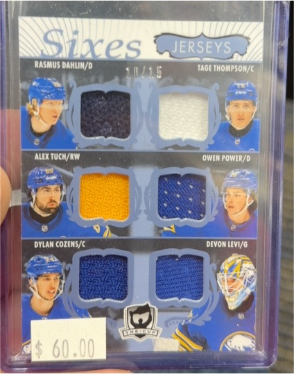 2023-24 Upper Deck The Cup Sixes Jerseys Rasmus Dahlin Tage Thompson Alex Tuch Owen Power Dylan Cozens Devon Levi #10/15 — front