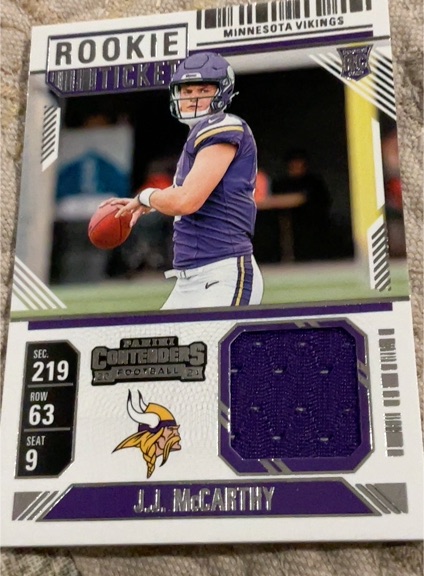 2024 Panini Contenders #RTS-JJM J.J. McCarthy Rookie Ticket Patch — front