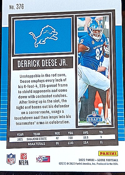 2022 Panini Score #376 Derrick Deese Jr. — back