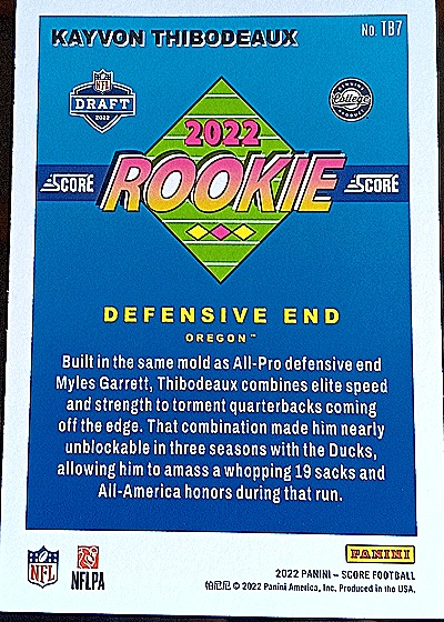 2022 Panini Score 1992 Throwback Rookie #TB7 Kayvon Thibodeaux — back