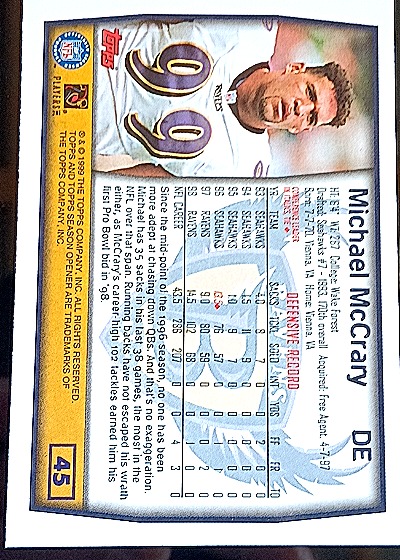 1999 Topps Season Opener #45 Michael McCrary — back