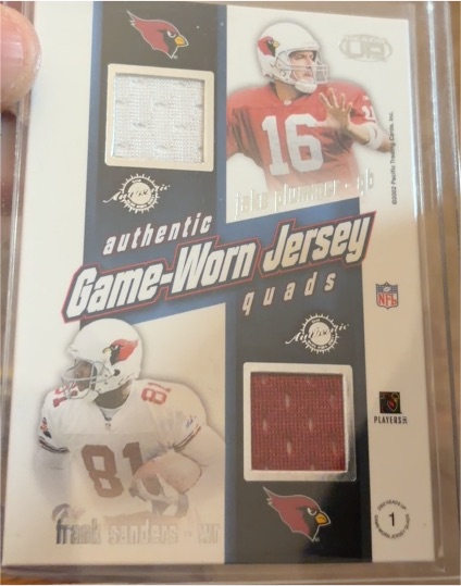 2002 Pacific Heads Up #1 Jake Plummer / Frank Sanders Game-Worn Jersey Quads — front