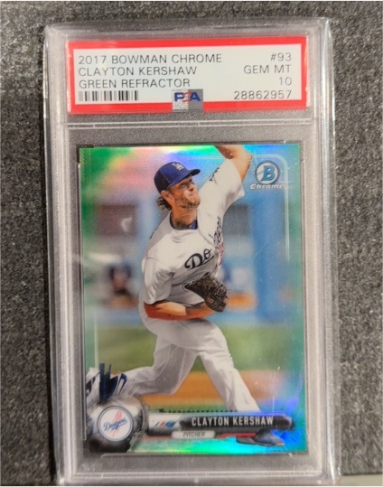 2017 Bowman Chrome #93 Clayton Kershaw Green Refractor — front