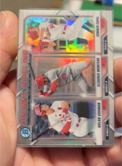 2021 Bowman Chrome Talent Pipeline #TP-STL Nolan Gorman / Elehuris Montero / Conner Capel — front